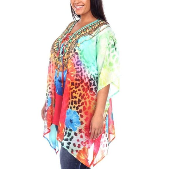 WHITE MARK Plus Size Short Bright and Colorful Caftan with Tie-Up Neckline NWT - Picture 3 of 7